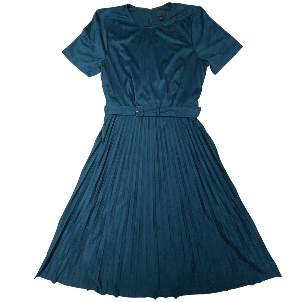 Ann Taylor Faux Suede Pleated Midi Dress 14P Teal Belted Wedding Guest NWT Party - Picture 2 of 13